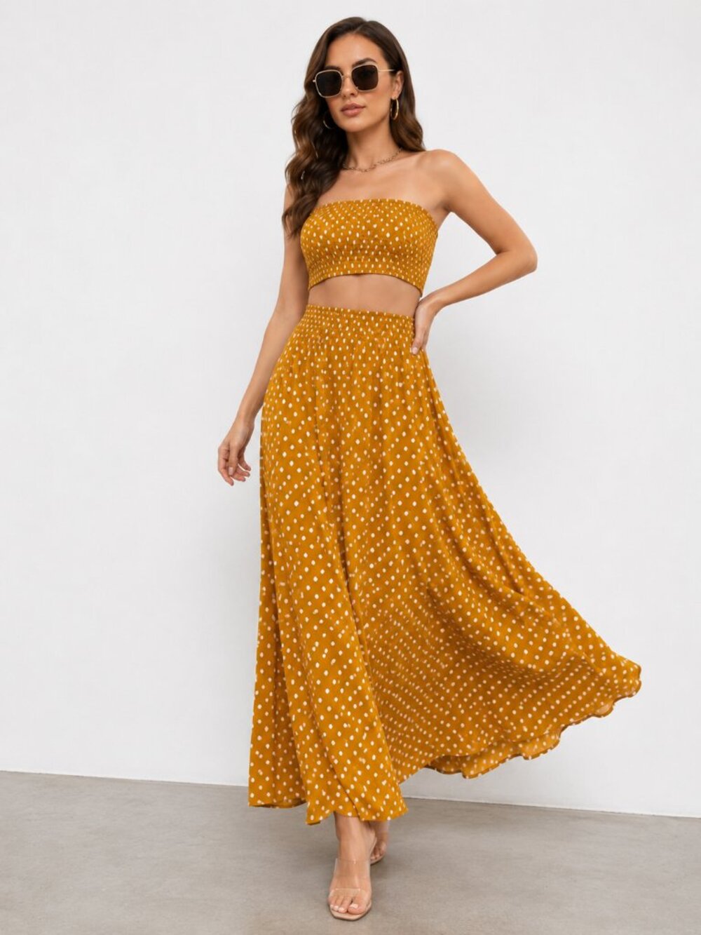 Mustard Polka Dot Two Piece Maxi Skirt Set NWT
